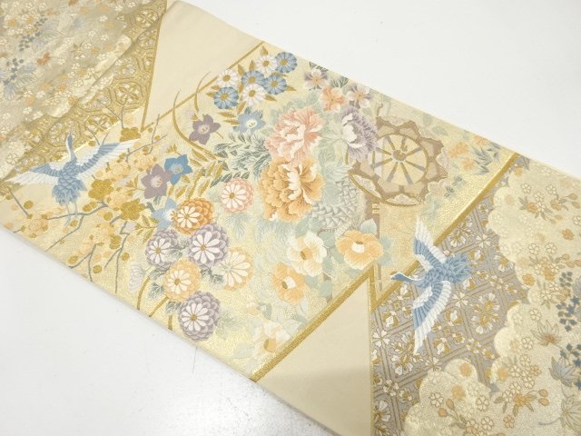 純金箔　花車に鶴・草花模様織り出し　袋帯